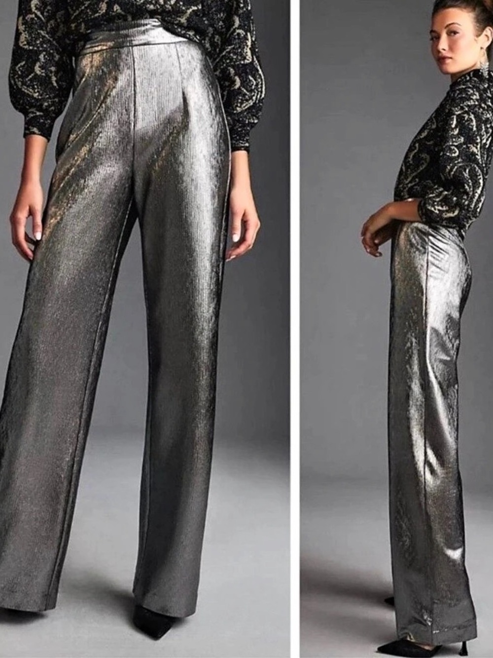Anthropologie Metallic Wide Leg Pants in Gray Size Large